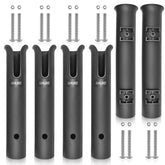 Six-tube black fishing rod holder bracket mounted on a wall